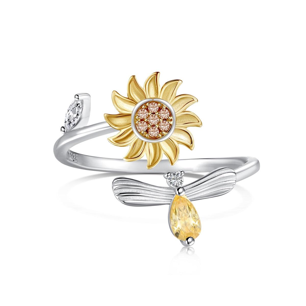 Anello Antistress Girevole – Design Girasole, Con Zirconi, Regolabile, In Oro Colorato
