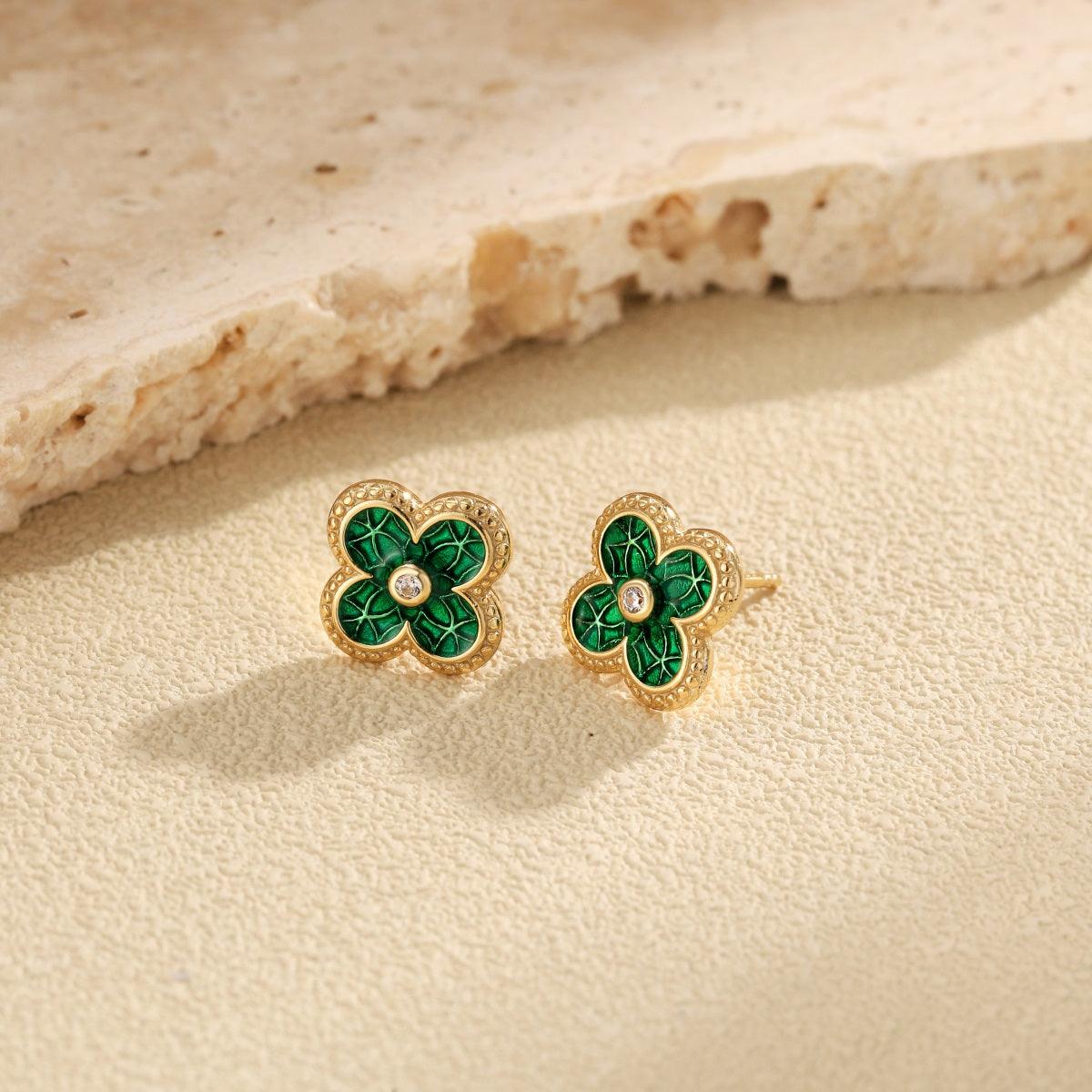 F02 Orecchini Quadrifoglio Di Verde Giada Fiore Placcato Argento F02 Orecchini Quadrifoglio Di Verde Giada Fiore Placcato Argento